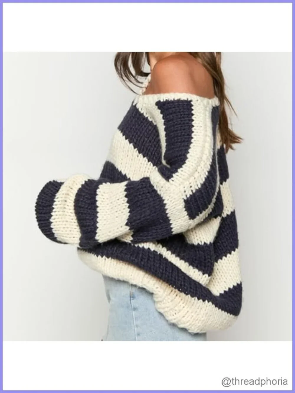 Women Striped Chunky Knit Sweater Drop Shoulder Long Sleeve V-Neck Oversized